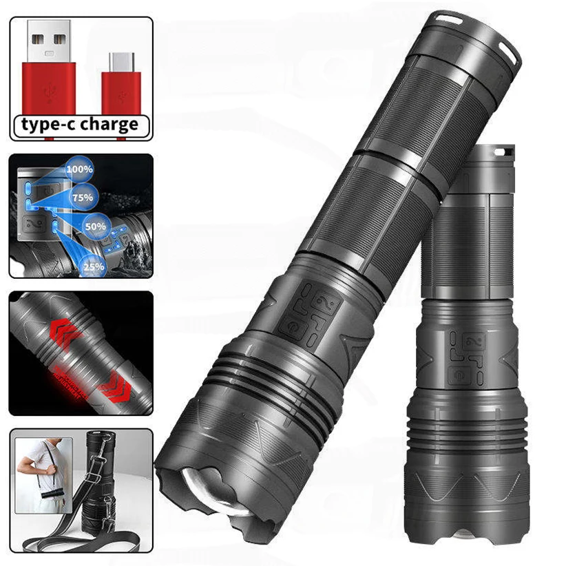 

High Strong Power Flashlights Leds Tactical Emergency Spotlights Telescopic Zoom Built-in Battery Rechargeable USB Camping Torch