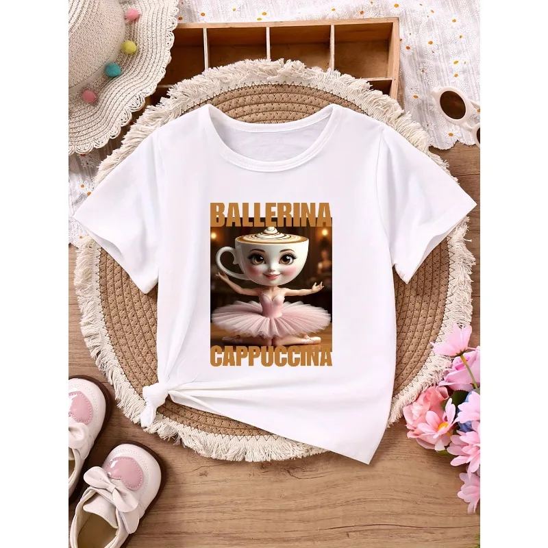 2026 جديد راقصة الباليه كابتشينا الأطفال عادية قصيرة الأكمام تي شيرت مع الحروف الذهبية الكرتون راقصة الباليه كابتشينو طباعة #1