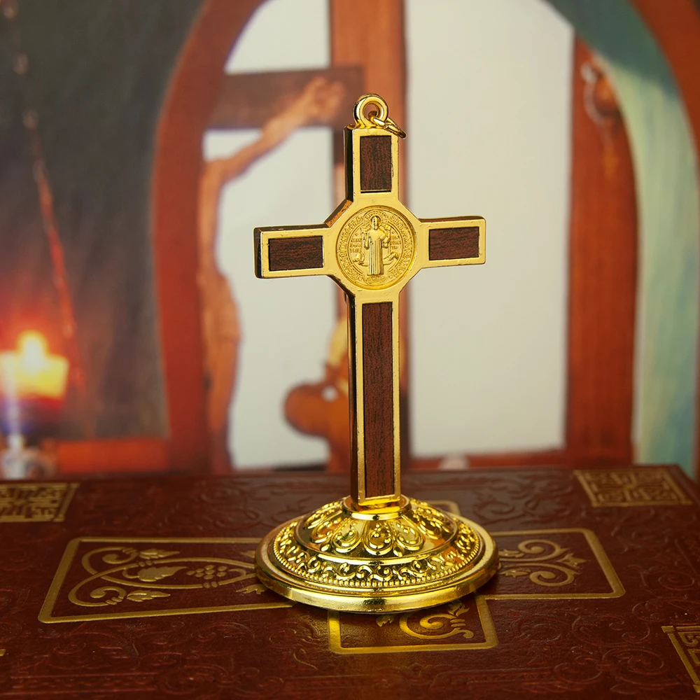 HTISOK Church Supply Metal Jesus Crucifix Table Cross Catholic Cross With Stand For Christ\'s Prayers Jerusalem Home Decor