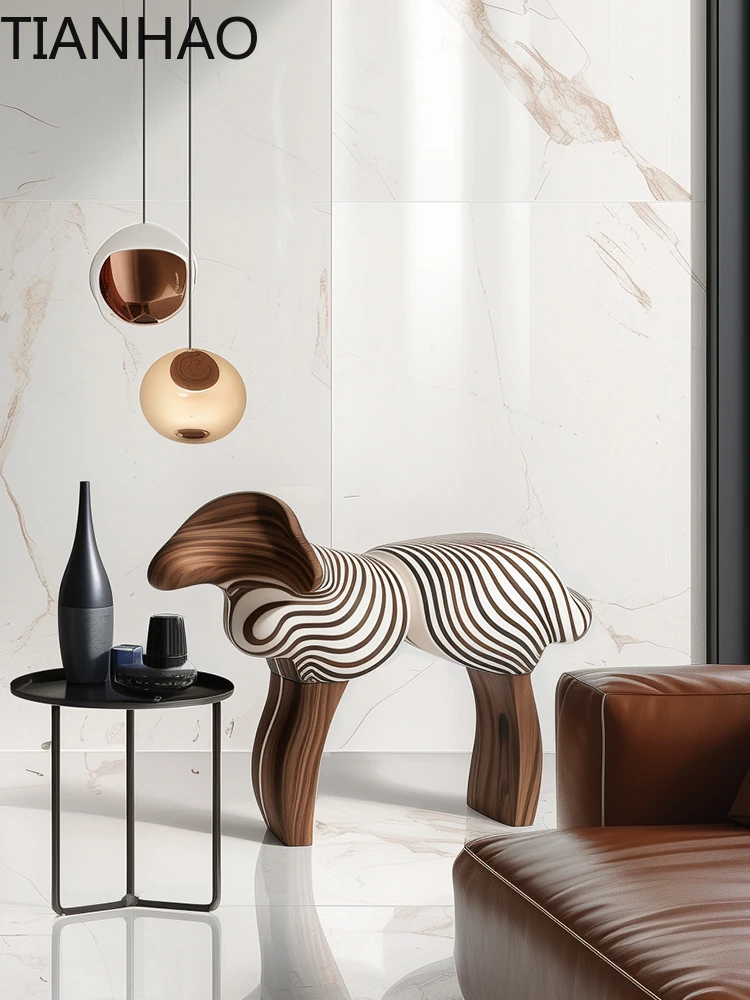 Italian light luxury creative abstract lamb solid wood stool artistic design sense household animal stool low stool
