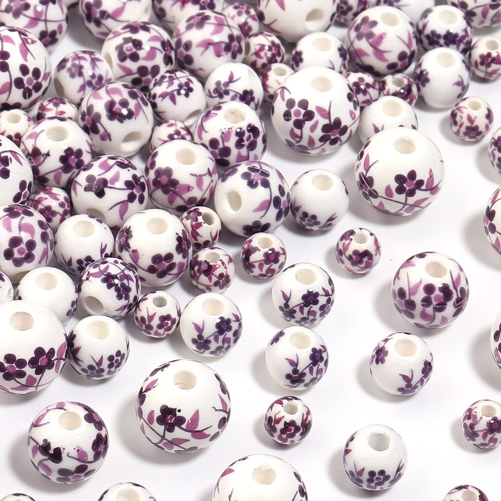 20-30pcs 6 8 10 12mm Jingdezhen Ceramic Beads Purple Flower Pattern Round Loose Beads For DIY Jewelry Making Necklace Bracelet
