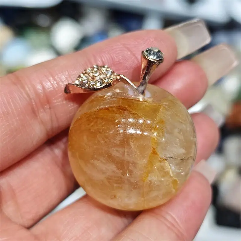 Natural Blue Goldsand Stone Yellow Fire Quartz Hematoid Apple Carving Healing Reiki Figurine Crafts Home Decorat Gift 1PCS