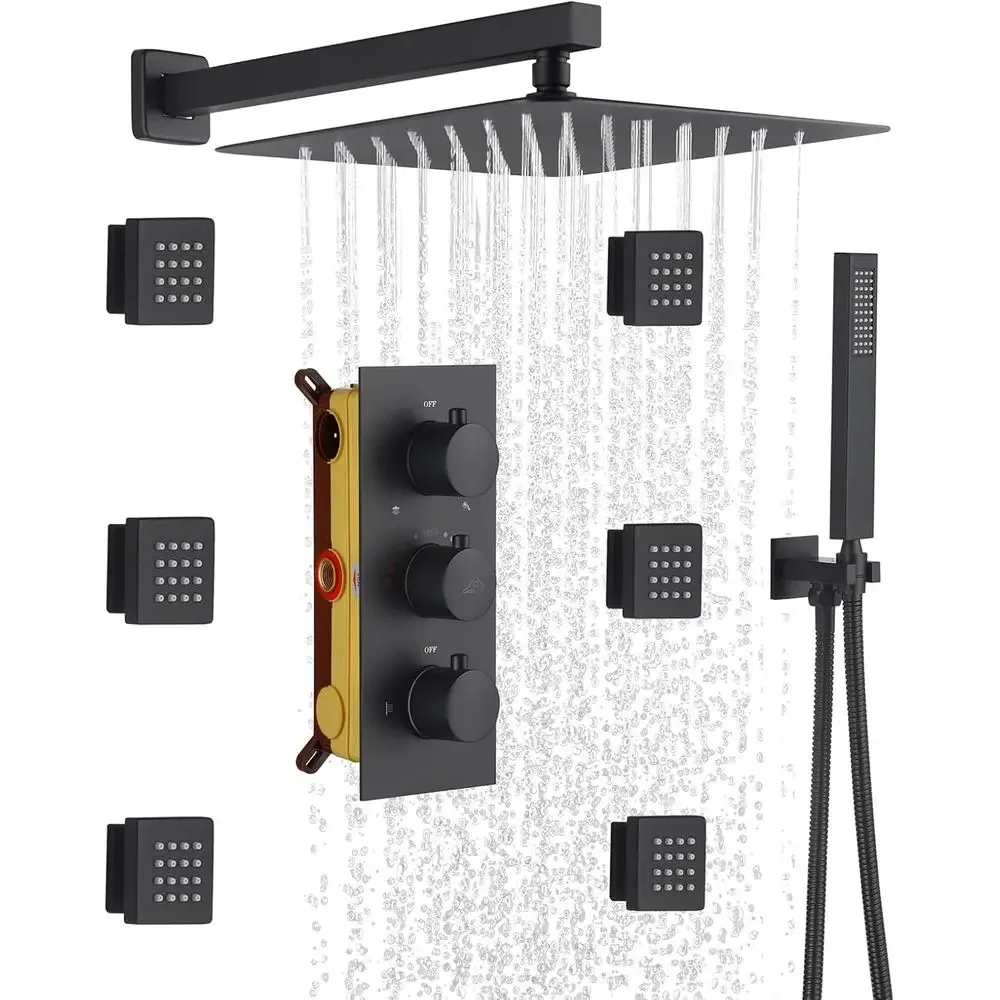 

Luxury Wall-Mounted 12 Rain Shower System with 6 Body Jets, Handheld, and Matte Black Finish