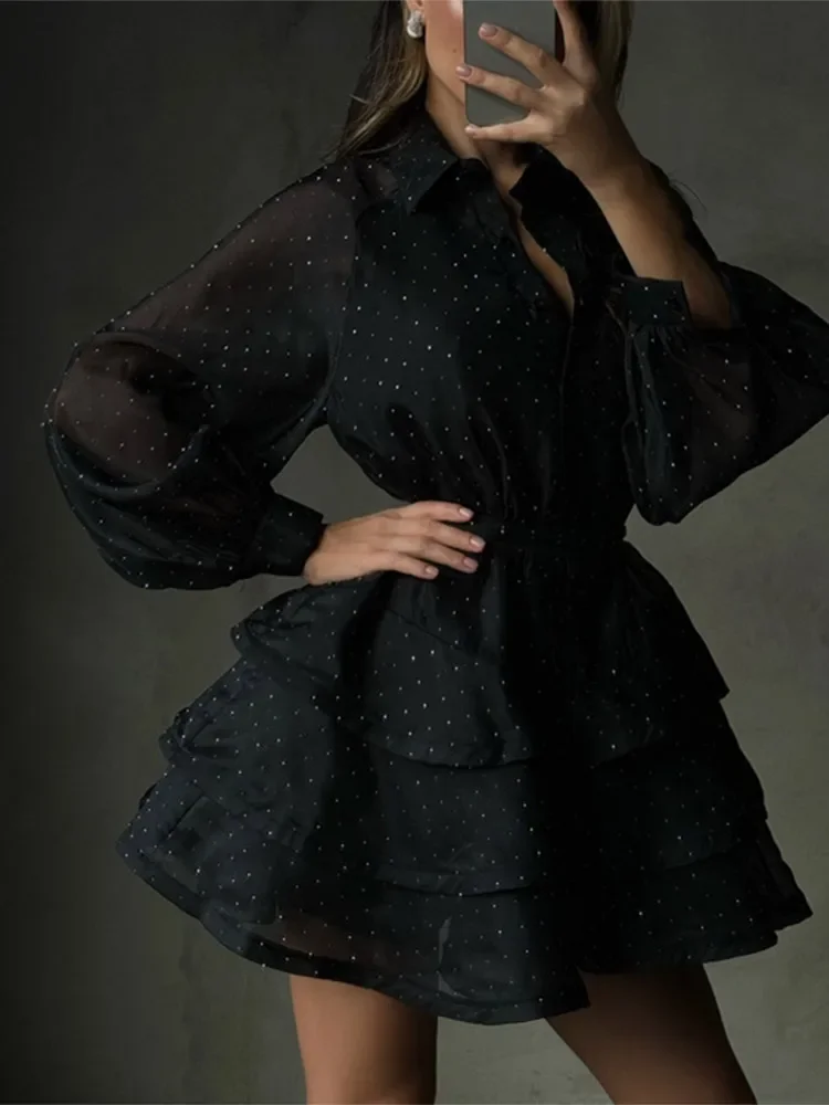 Preto feminino strass a linha mini vestido chique manga cheia cintura alta em camadas plissado vestidos curtos 2025 senhora vestidos de deslocamento diário