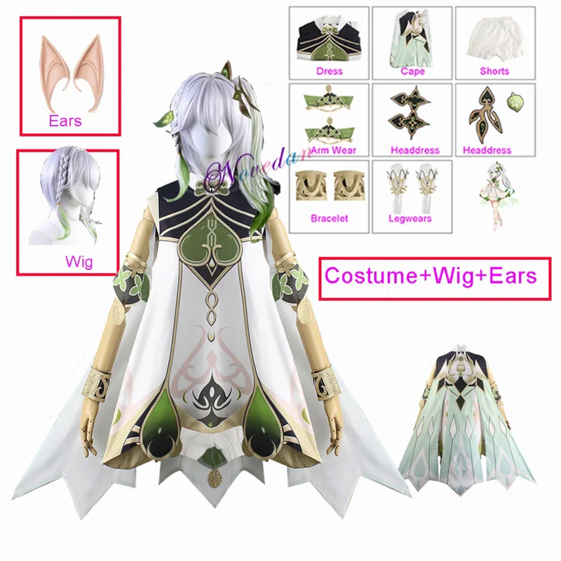 Disfraz de cosplay de Nahida para niños y mujeres, conjunto completo de Lord kusanali, vestido de sirvienta, zapatos con estilo, peluca, orejas, traje de juego de rol