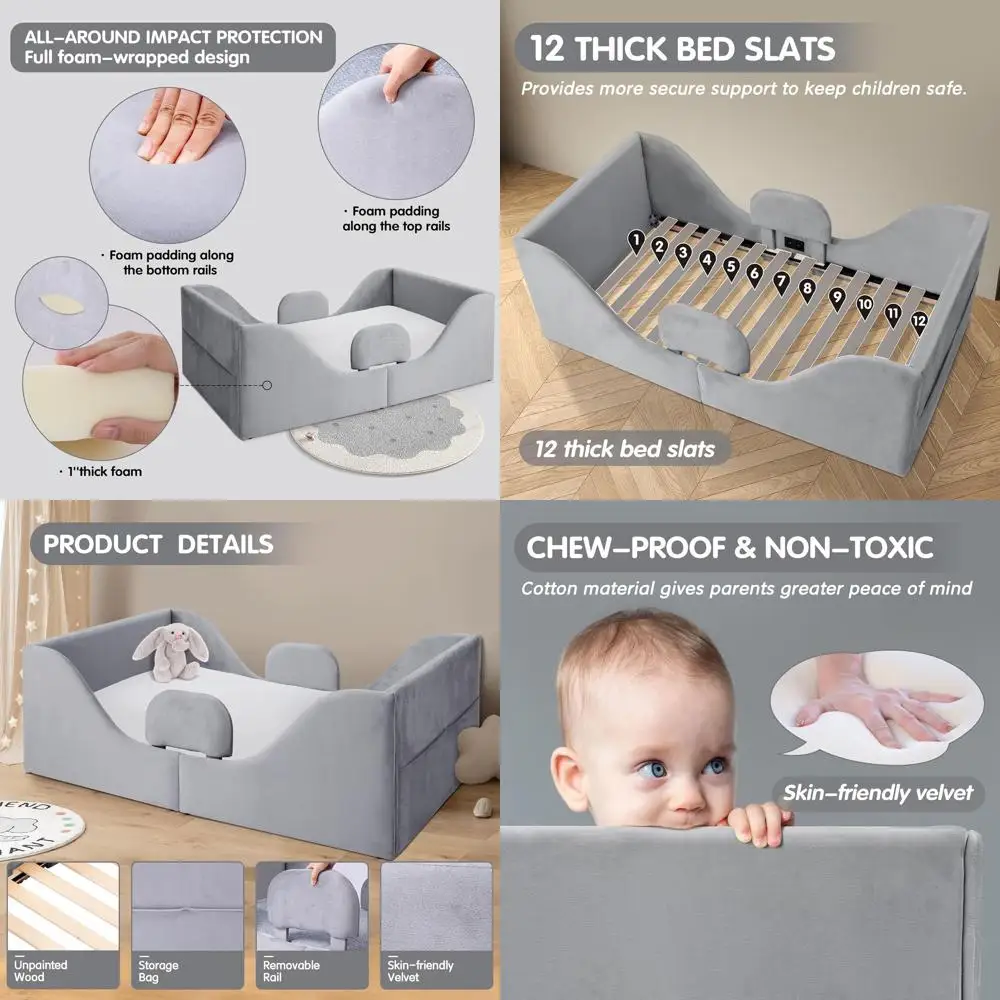 

Grey Velvet Toddler Bed with Safety Rails, Suitable for Children Ages 1-7