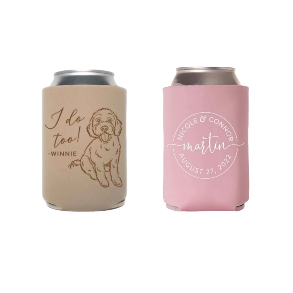 Personalized Wedding Can Cooler, Custom Pet Illustration, I Do!, Wedding Favors,Beverage Holder, Can Insulator,Beer Huggers