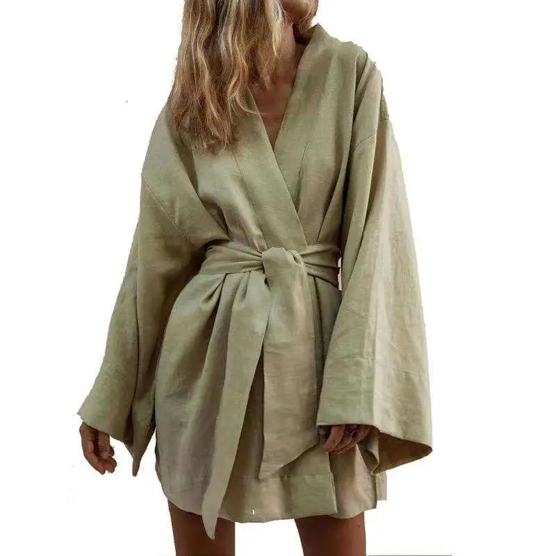 Qweek Baumwolle Leinen Robe Frauen Nachtwäsche Kimono Mini Bade mäntel schnüren Nachtwäsche Musselin Hauskleidung Strickjacke Frauen Nachthemd