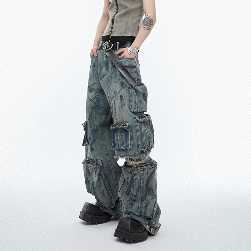 UMI MAO High Street Men's Jeans Worn-out Multi Pocket Design Hand Painting Hole Straight Loose Male Denim Pants Summer