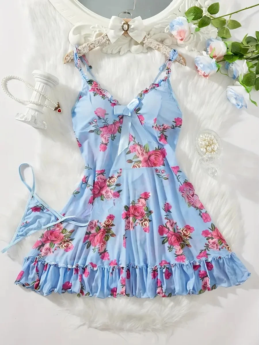 الملابس الداخلية النسائية مثير حمالة صدر وسراويل داخلية مجموعات الدانتيل كشكش تقليم مجموعة الملابس الداخلية العميق الخامس زلة فستان ثونغ المرأة مثير الملابس الداخلية #6