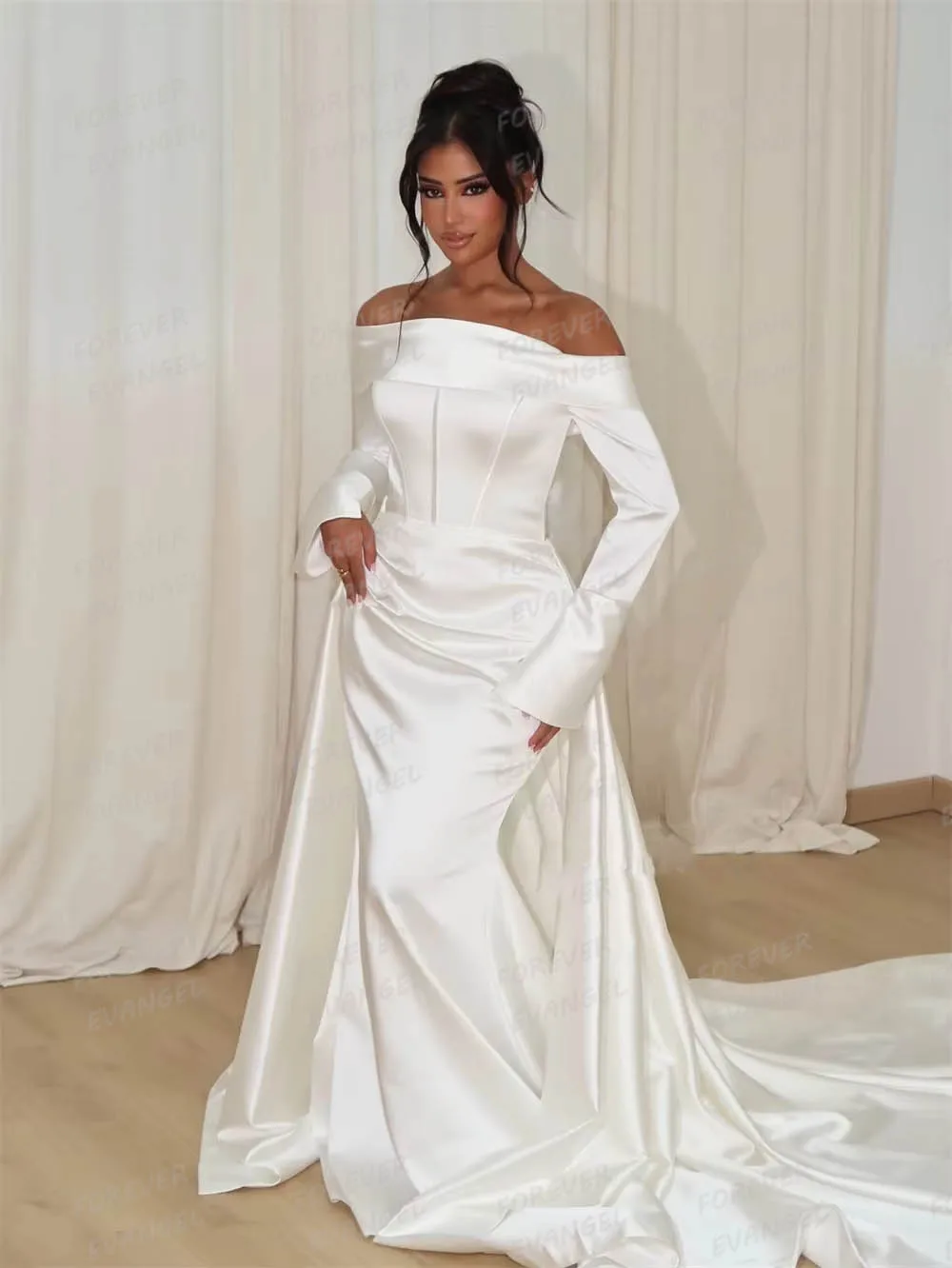 

Simple Off Shoulder Wedding Dresses Mermaid Woman's Satin Long Sleeve Bride Gowns Sweep Train 2026 Vestidos De Noche Customized