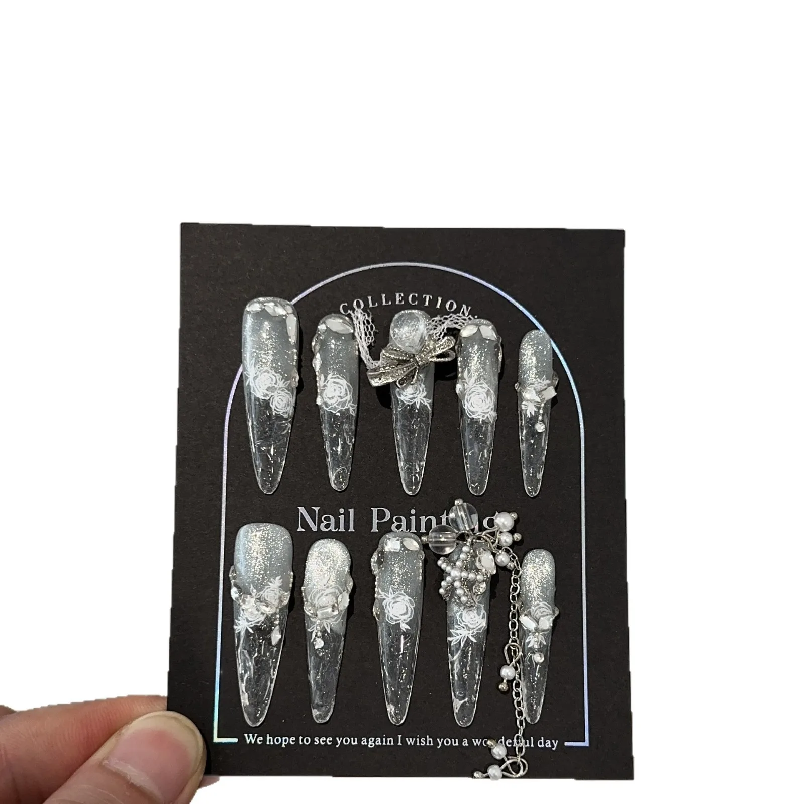 Handmade Silver Cat Eye Long Nail Tips Luxury Glitter Fake Nails Stickers Heavy Embellished High-End Sensation Nail Art Pieces