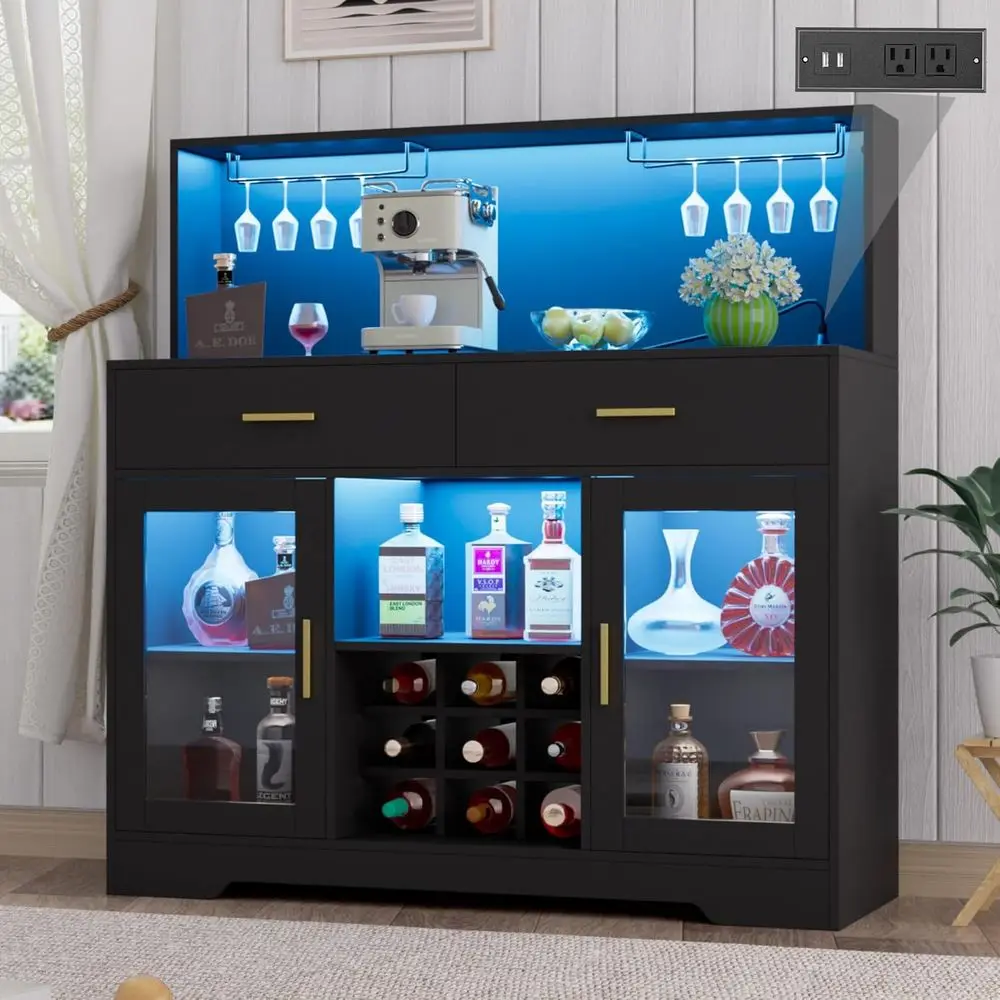 

Wine Bar Cabinet With Power Outlet, Black Bars Cabinet Liquor Cabinet with Led Lights, Coffee Bar Cabinet with Wine Rack & Glass