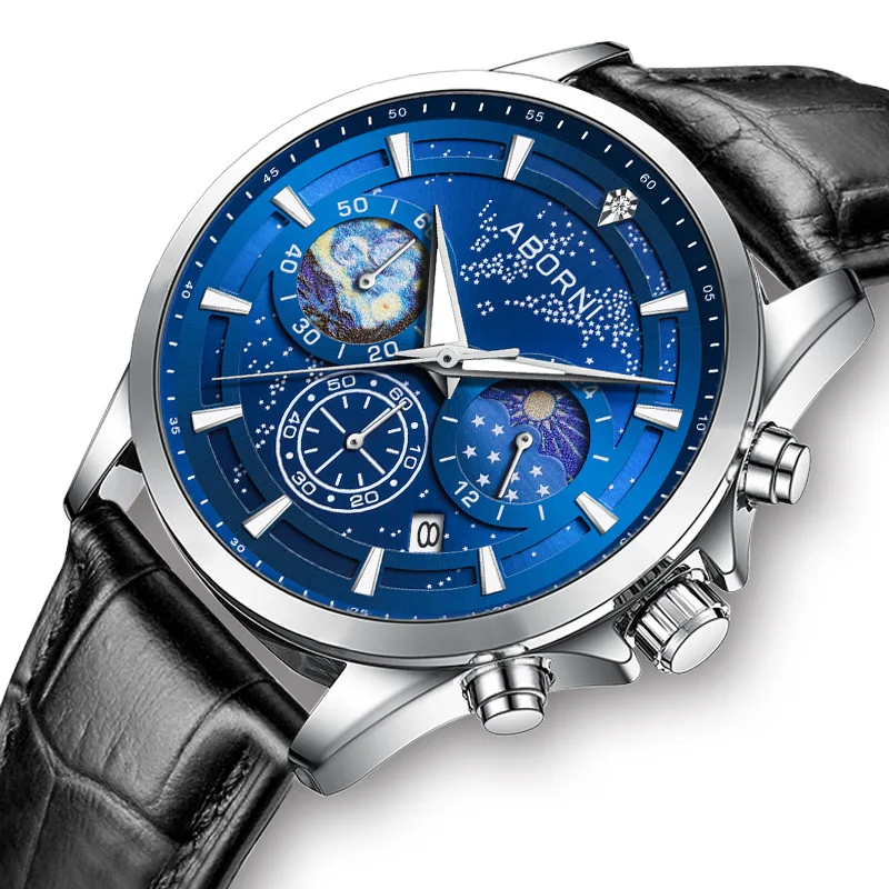 ABORNI Brand Fashion Leather Chronograph Date Men's Watches Waterproof Moon Phase Business Luminous Quartz Watch Reloj Hombre