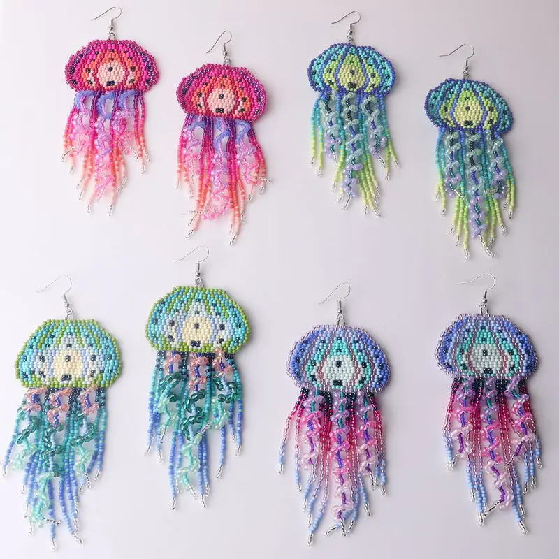 Rice bead earrings Tassel Medusa Design Originality Hand knitting Gradient Bohemia Alloy Fashion Simple Beaded earrings