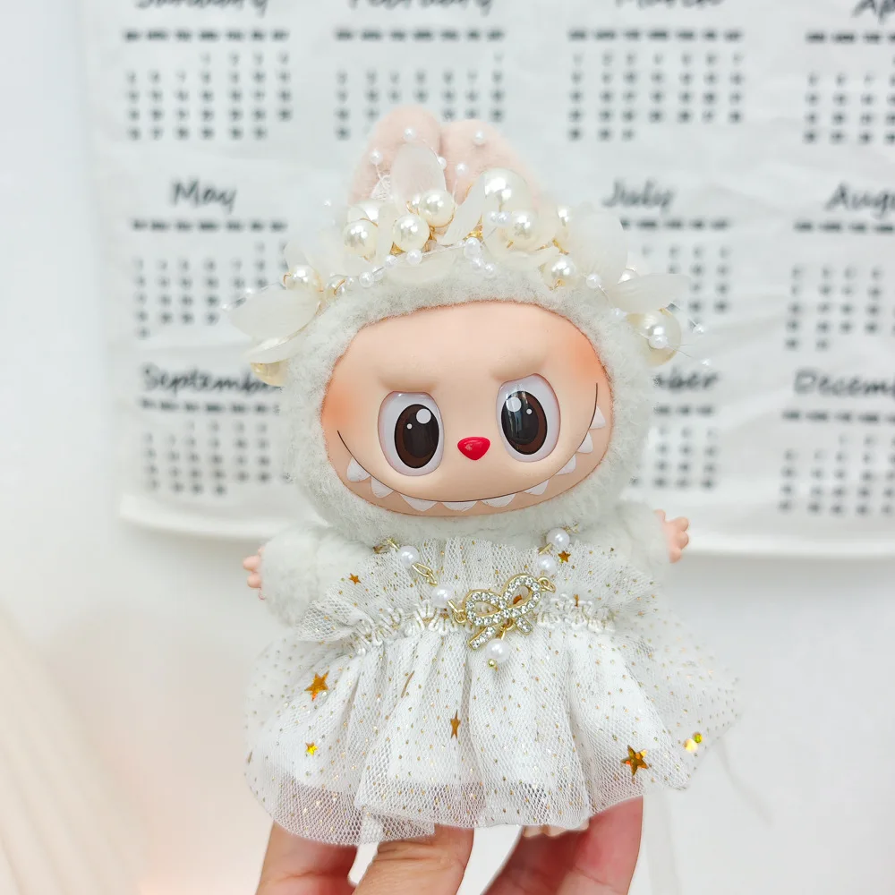 Labubu 옷 15-17CM 미니 봉제 인형 공주 거즈 드레스 블링 블링 스타 스커트 목걸이 모자를 쓰고 있죠 밀짚 모자 3 개/갑 선물