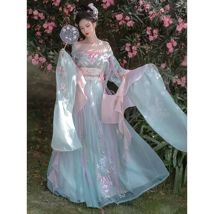 Chinese Classical Costume Hanfu Women's Immortal Waist Long sleeved Shirt Off the Shoulder Ancient Costume Complete Set