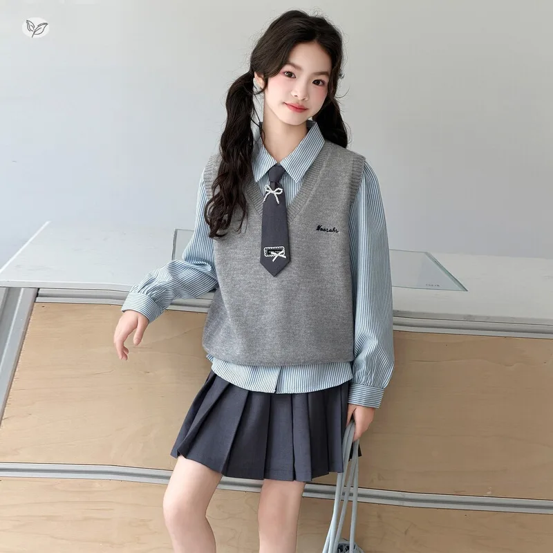 Girls Suit2026Autumn new style for older children: college-style striped shirt, embroidered vest, and pleated skirt three-piece
