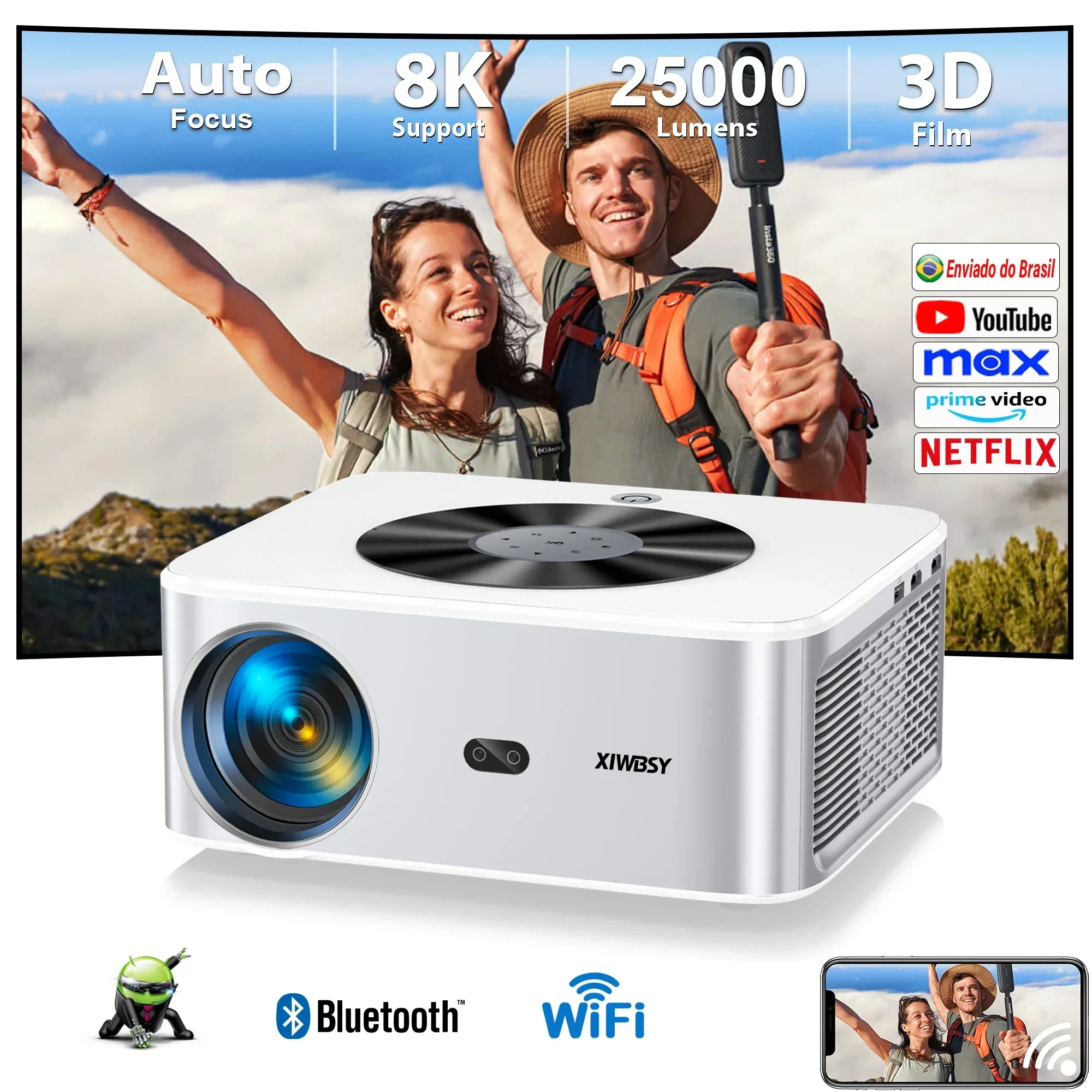 XIWBSY AutoFocus Projector 25000Lumens 800ANSI Bluetooth Projector Video Home Theater Auto Keystone Android 4k Projector Beamer