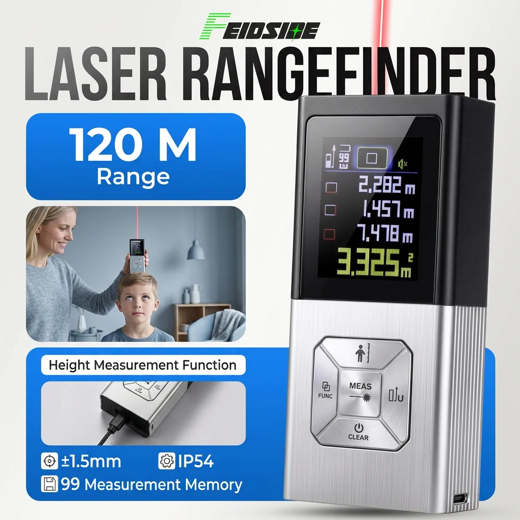 Laser Distance Measure - FEIDSIDE 120M レーザー距離計 USB充電式 レーザー距離計 家庭用エンジニアリング作業用ハンドヘルド測定器