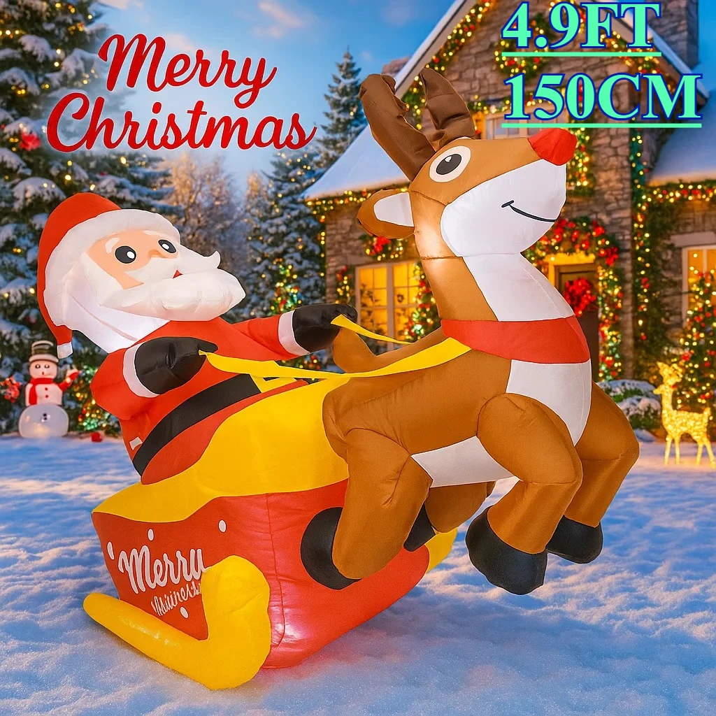 Jouet gonflable de 4.9 pieds, traîneau de renne du père noël, décorations de cour LED de noël, fournitures cadeaux, décorations de cour gonflables
