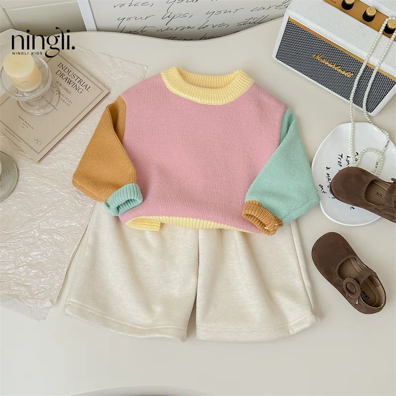 

Girls' Winter Set New Thickened Warm Candy-Colored Knitwear Children's Clothing Fleece Padded Pants Two-Piece Suit Fashion