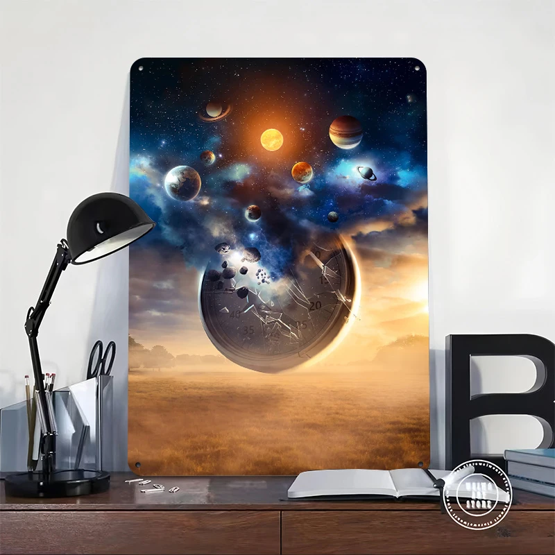 Cosmic Clock Shattering in Space Tinplate Poster Customized Wall Art Retro Vintage Metal Signs for Fans Room Decoration Man Cave