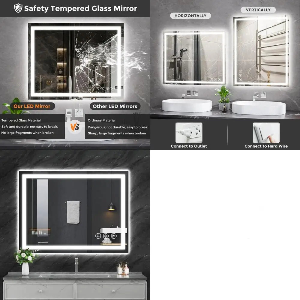 

Dimmable 30x48 LED Backlit Bathroom Mirror with 3 Color Options, Anti-Fog, Tempered Glass