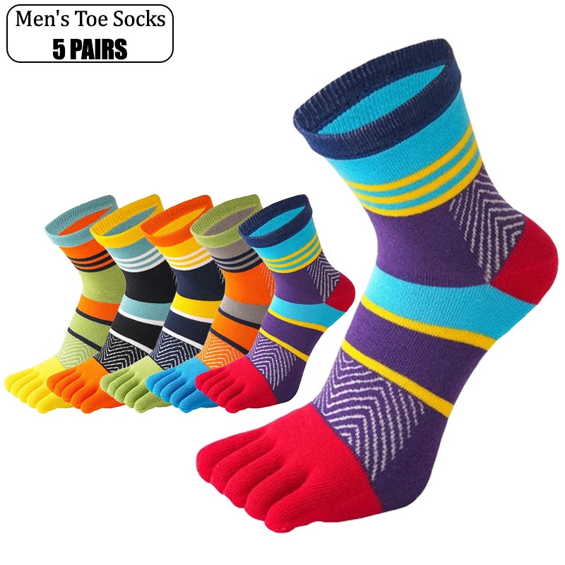 

5 Pairs Men's Five-Finger Socks Colorful Striped 100% Cotton Breathable Anti-Bacterial Casual Toe Socks for Running Casual