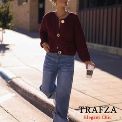 TRAFZA-Women Fashion Chunky Knit Coat New 2024 Autumn Winter Casual Vintage Coat O-Neck Buttons Pocket Sweater Coat