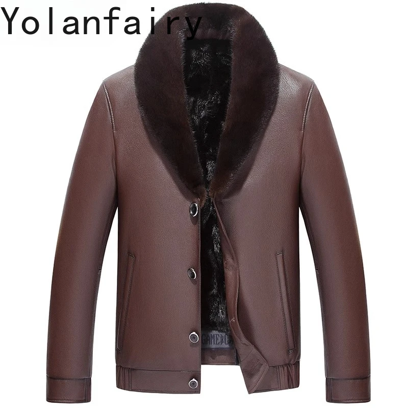 

YOLANFAIRY Genuine Goatskin Leather Jacket Man Winter Whole Grey Mink Fur Liner Coat Short Real Leather Coat Fur Coats Jackets