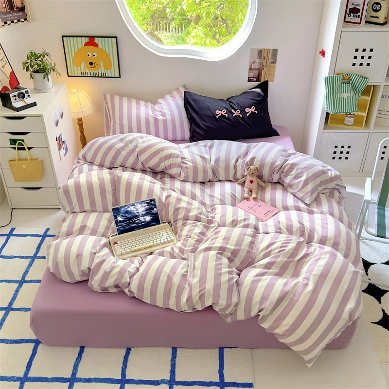 Ins Stripe Bedding Set with Pillowcase bed sheet Single Full Size Bed Linen Duvet Cover Set Queen/King Double Comforter Cover