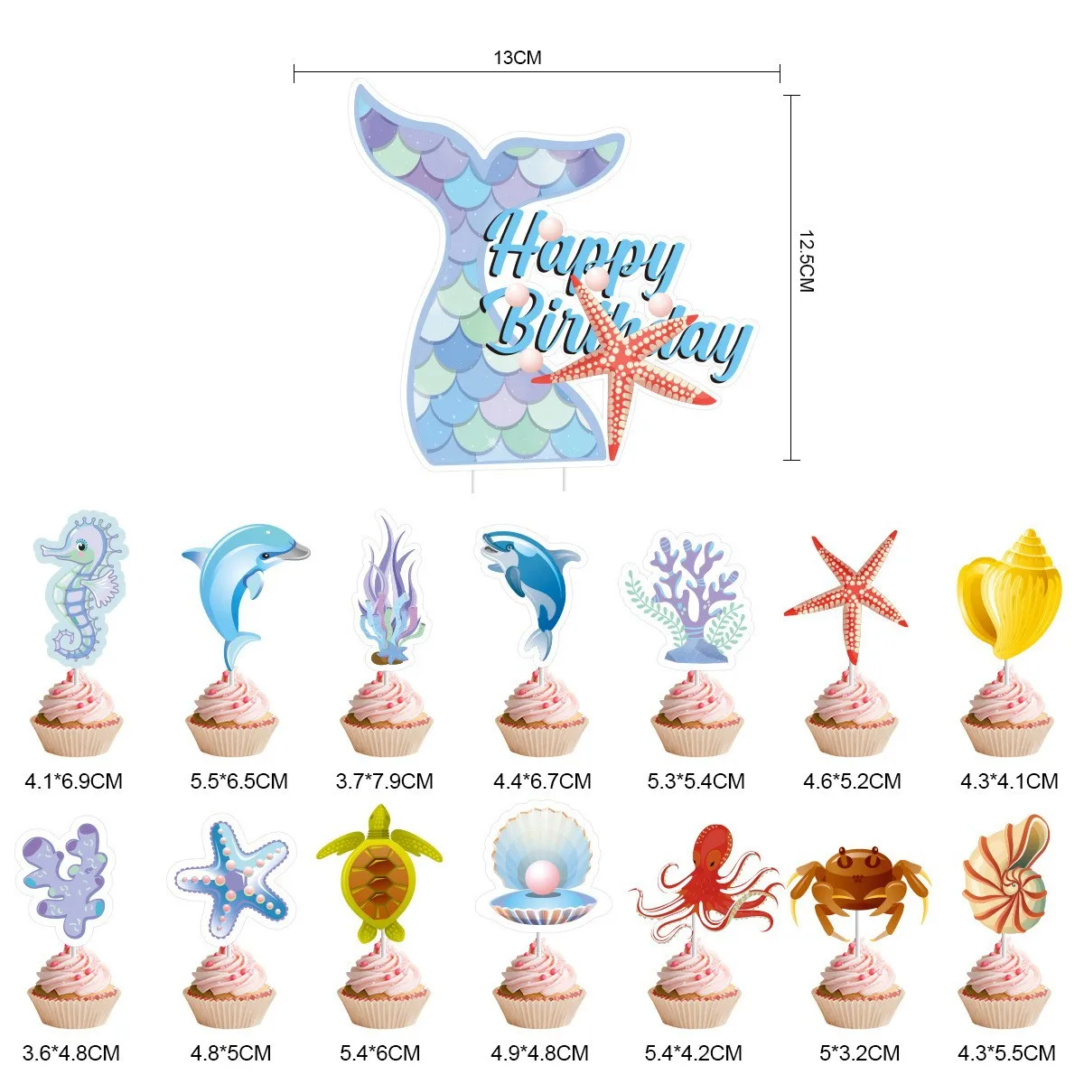 Mermaid Cake Topper Happy Birthday Wedding Dolphin Ocean Cupcake Toppers Decoration Baby Shower Kids Party DIY Baking Supplies