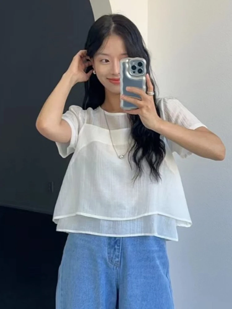 여성 여름 신상 부드러운 스타일 라운드넥 버블 소매 셔츠 쉬폰 탑 투피스 세트 텍스처감 있는 반팔 블라우스