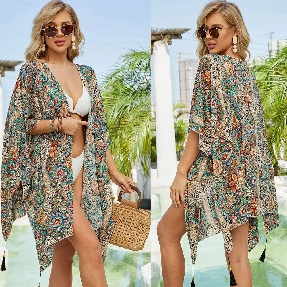 Coverups à glands pour femmes, kimono de plage, cardigan de bain, chemisier de bain, vêtements de villégiature, Y-Floral At