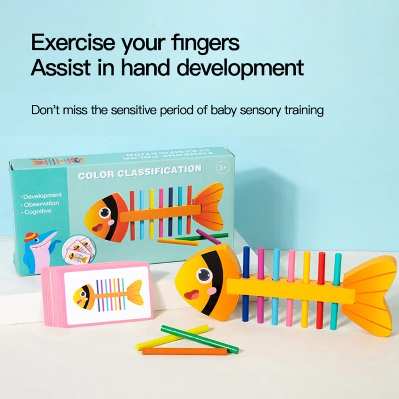 لعبة طفل صغير على شكل هيكل السمكة الخشبي ومطابقة الألوان للتمارين الحركية الدقيقة 15UB #1