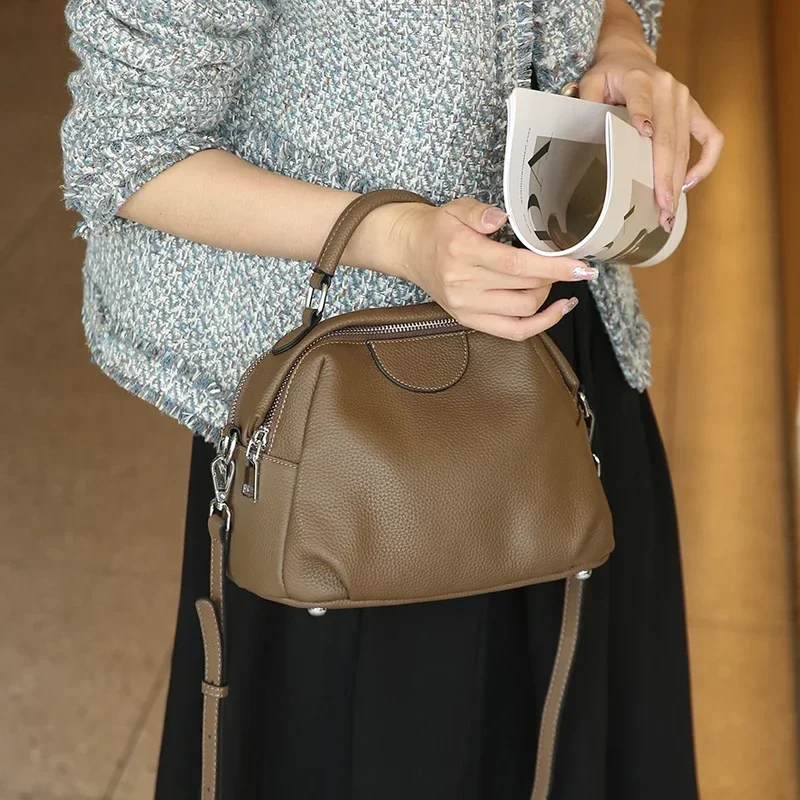 Natural Cowhide Leather Women Large Capacity Apple Shape Casual Shoulder Bag For Ladies Soft Versatile Crossbody Solid Color Bag