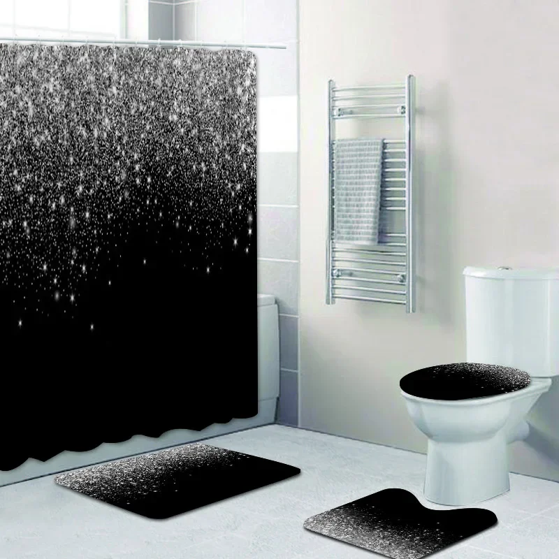 

Stylish Black Silver Falling Glitter Confetti Dust Explosion Bathroom Curtains Shower Curtain Set Grey Sparkling Bath Rugs Decor