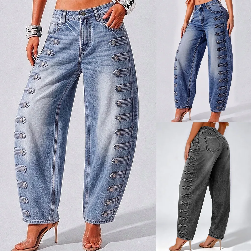 Women High Waist Barrel Jeans Side Multi Metal Buttons Decor Denim Pants Vintage Washed Loose Baggy Long Trousers Streetwear