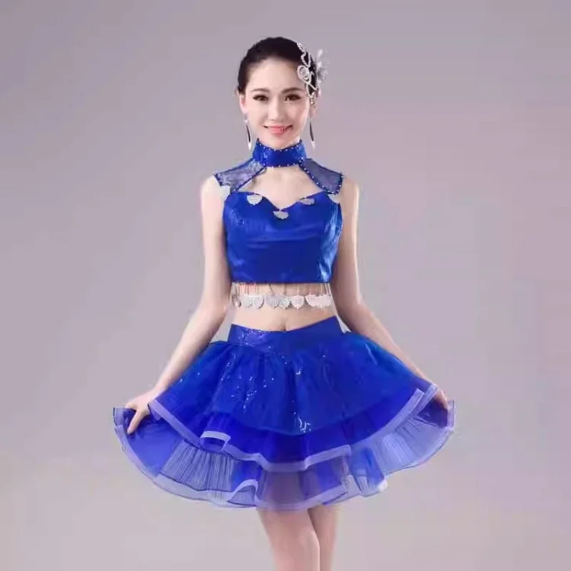 Ew Modern Dance Bühnenkostüm Pailletten Square Dance Kostüm Sommer Performance Kleid Erwachsene weibliche Rockkleid