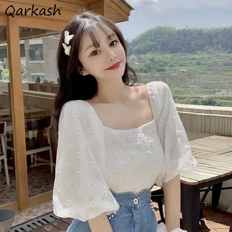 Lantern Sleeve Blouses Women Mesh Floral Summer Crop Tops Tender Sweet Females New Arrival Trendy Casual Mujer Топ Женский Chic