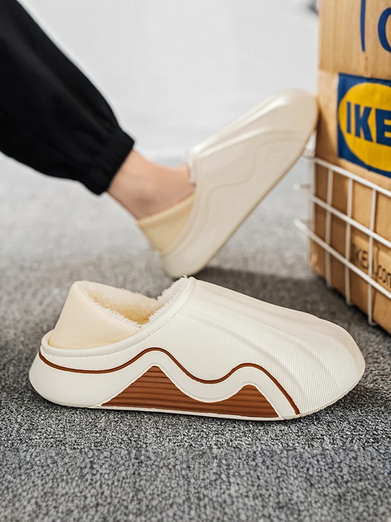 Men's Cotton Slippers Winter Thick Bottom Anti-Slip Warm Fleece Lined Indoor Casual Home Slip-On Boots with Heel Cover