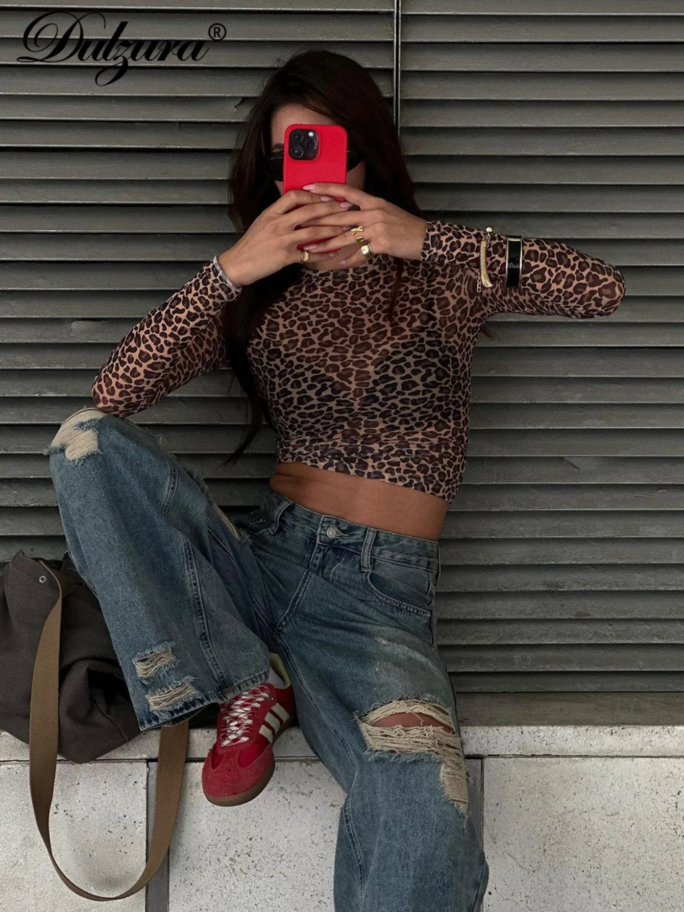 Dulzura Sexy Long Sleeves T Shirt Leopard Printed Mesh Crop Tops Bodycon Women Clothes Party Club Streetwear Drop Shipping Y2K