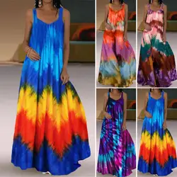 Vestido comprido de tie-dye feminino, vestido maxi estampado em 3D, alça de verão, ombro fora do ombro, grande balanço, vestidos de festa, tamanho grande