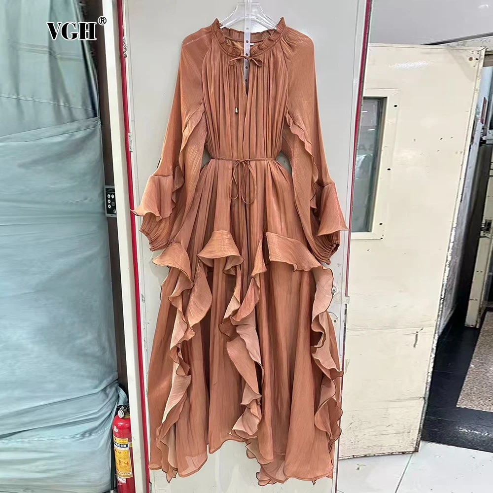 

VGH Solid Color Spliced Ruffles Maxi Dress for Women O Neck Long Sleeve High Waist Patchwork Lace Up Elegant Dresses Female New