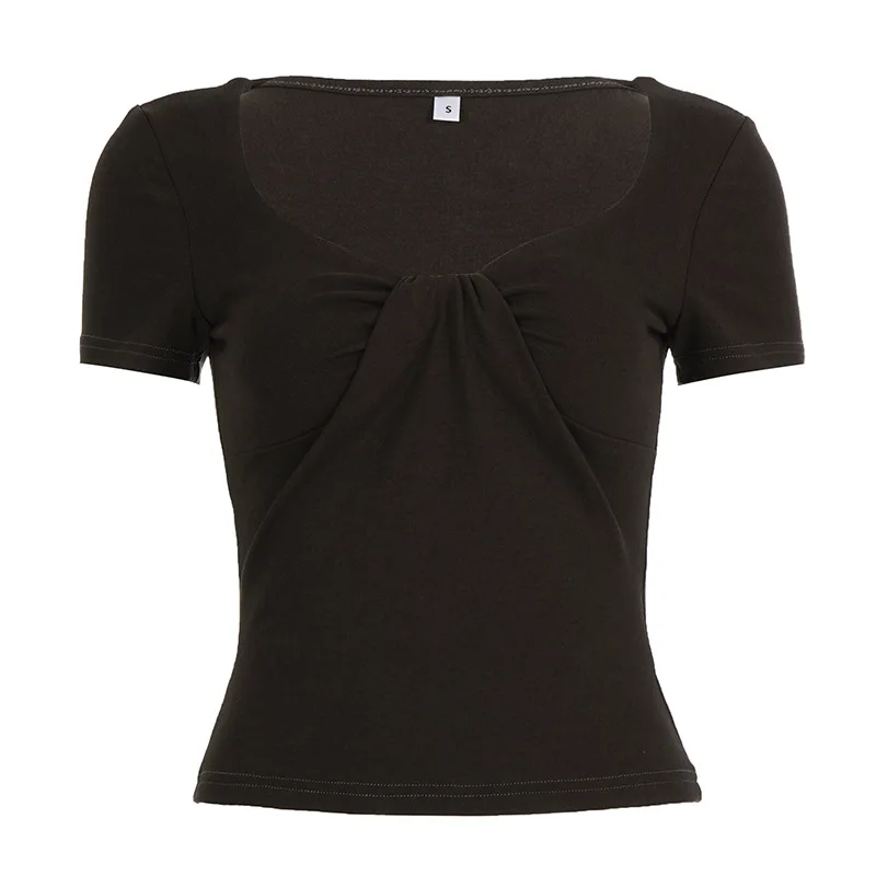 Summer New U-neck sexy hot girl slimming short sleeved solid color low cut twisted slim fit  T-shirt for women