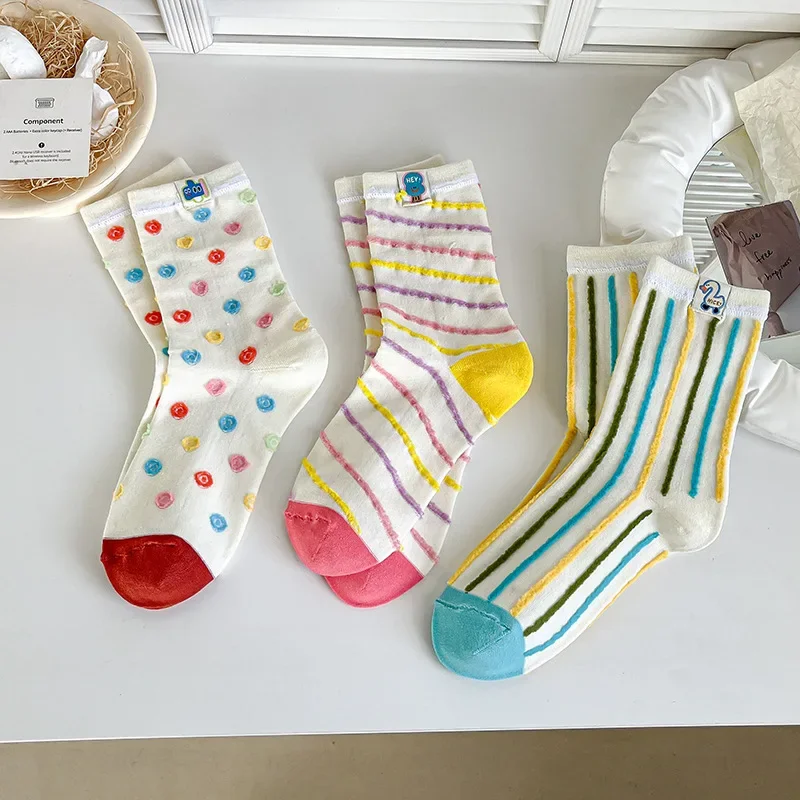 Socks for Women Color Cloth Label Mid-tube Socks Ins Tide Stripe Cartoon Short Cotton Socks