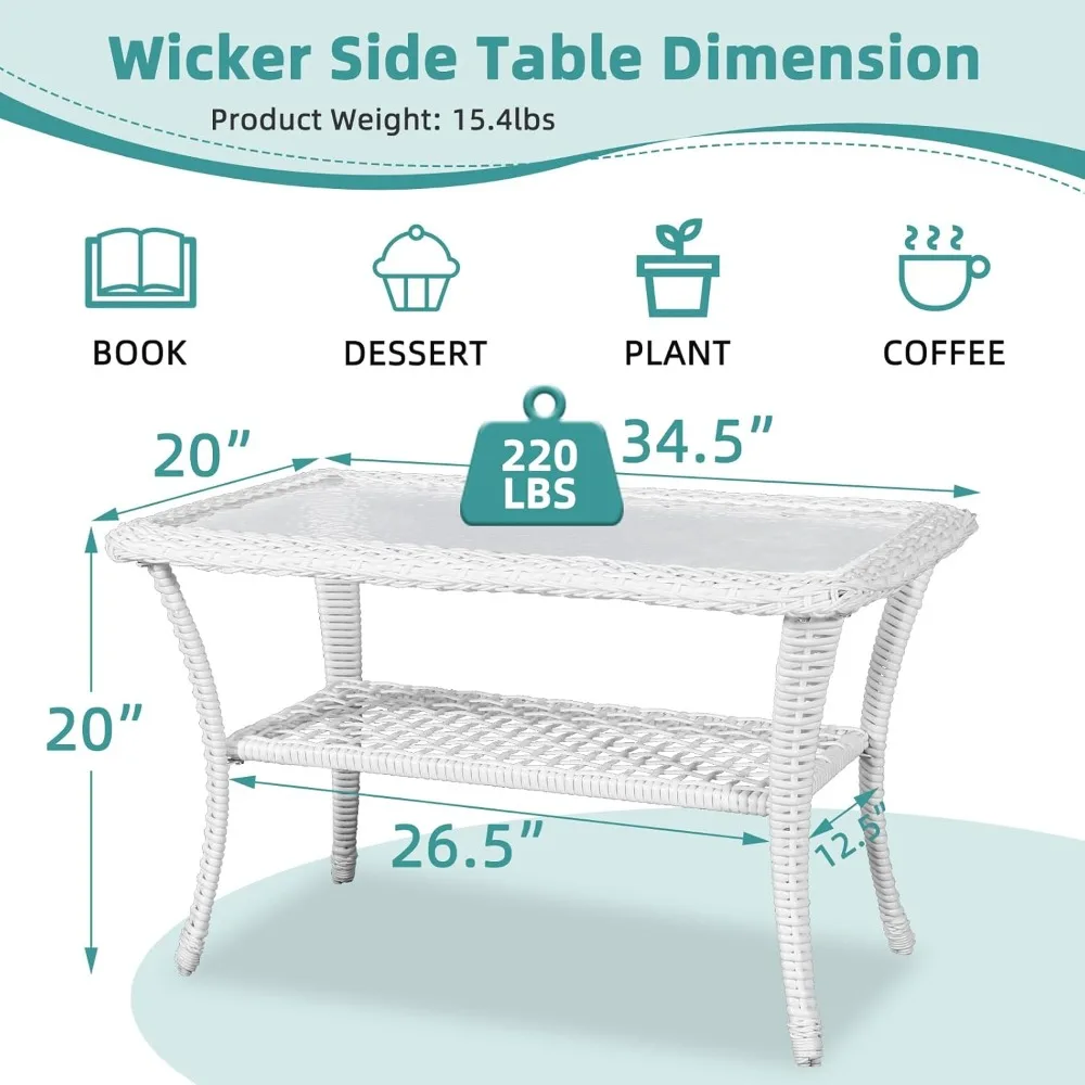 Wicker Patio Coffee Table, 34.5 Rectangle Outdoor Coffee Table with Tempered Glass Top and 2-Tier Storage Shelf