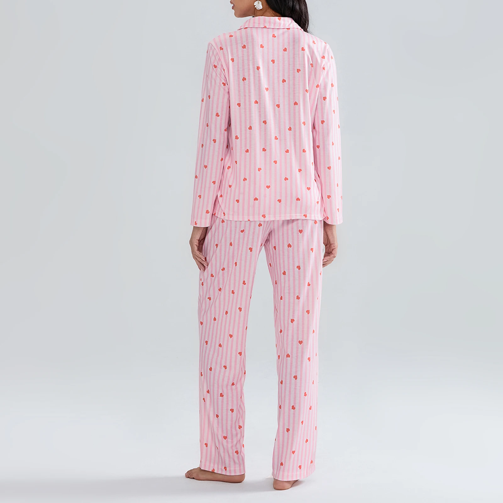 Women Autumn Kawaii Striped Heart Print 2 Piece Pajamas Sets Loungewear Button Long Sleeve Shirts+Long Pants Aesthetic Outfits