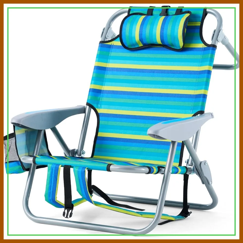 

Portable Camping Chair with 5 Reclining Positions, Lay Flat, Cup Holder & Storage Pockets